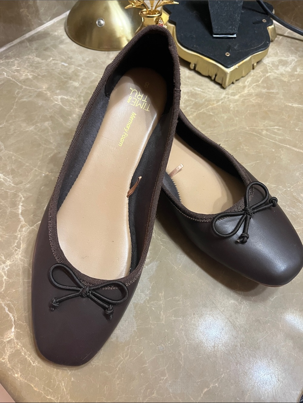 Time and Tru Dark Brown Square-Toe Ballet Flats with Bow
